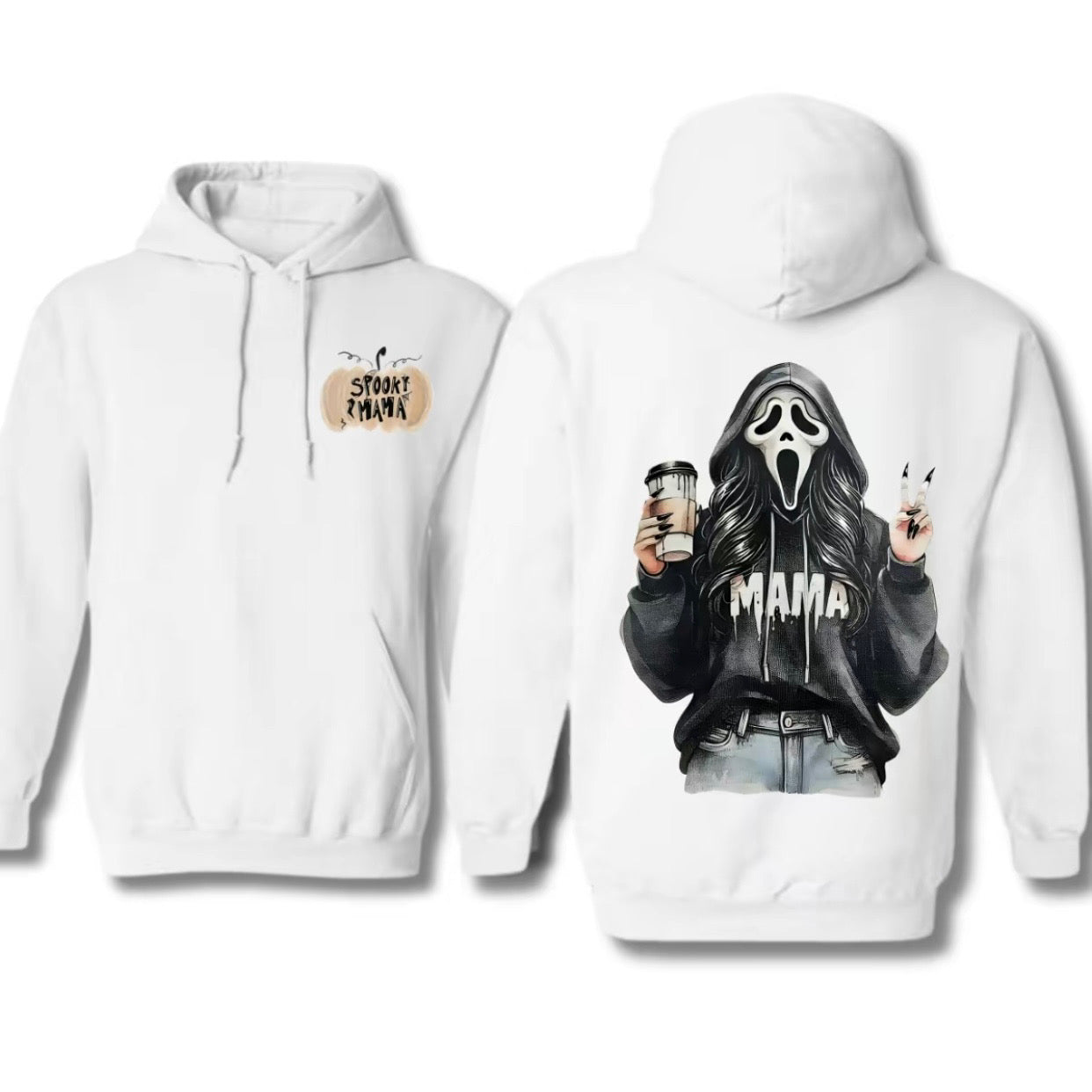 Spooky Mama Halloween Fun Ghost Face Girl Drinking Coffee T-Shirt/Sweatshirt/Hoodie